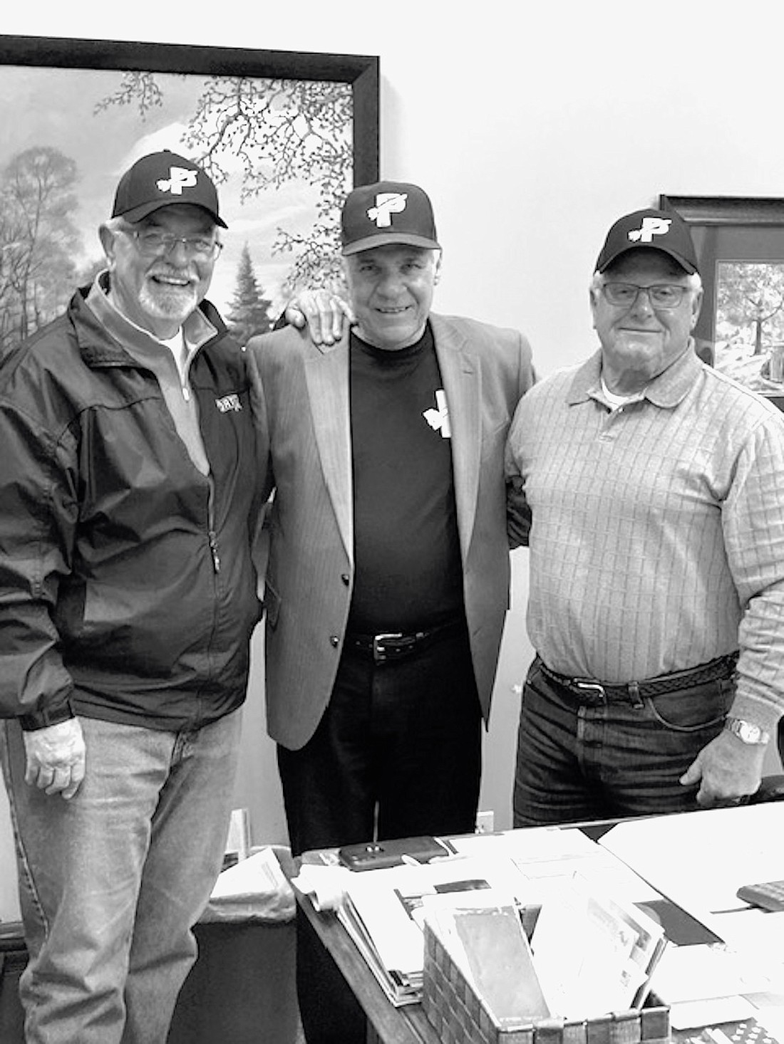 The Portland Rockets are preparing for their 65th season of baseball and received several contributions recently. Pictured above, Rockets supporter Randy Fisher (left) and manager Randy Miller (center) are pictured with former Rocket Steve Takats, whose family made a donation toward the construction of a new batting cage at Runkle-Miller Field. (Photo provided)