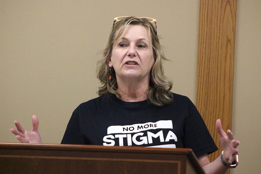 Kimbra Reynolds, executive director at Jay County Drug Prevention Coalition, speaks during the public forum on recovery housing Thursday at IU Health Jay. The organization hopes to announce the potential location for its sober living facility in the coming weeks. (The Commercial Review/Bailey Cline)