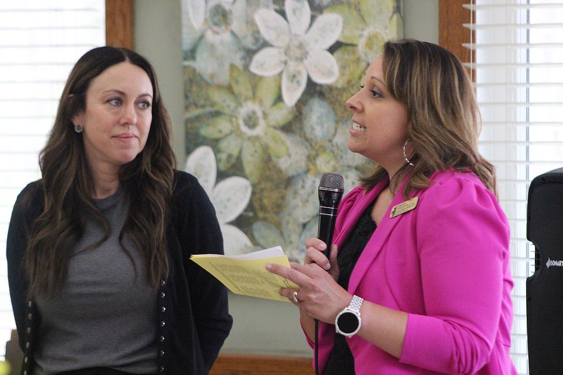 Persimmon Ridge Rehabilitation Center in Portland honored its staff this month for their efforts in caring for the 36 additional residents brought in as a result of the March 14 tornado in Winchester. Pictured above at right, Tonya Nunez Smith, regional director of operations for Magnolia Health Systems, speaks to staff and residents at Persimmon Ridge on April 4. (The Commercial Review/Bailey Cline)