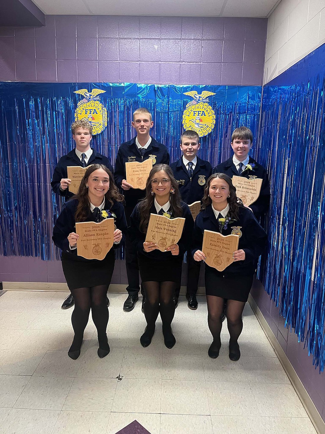 Pictured above are Ohio FFA Degree recipients (front row) Allison Knapke, Mara Wenning and Kassidy Dues, and (back row) Matthew Romer, Evan Evers, Drew Backs and Zach Schoenlein. (Photo provided)