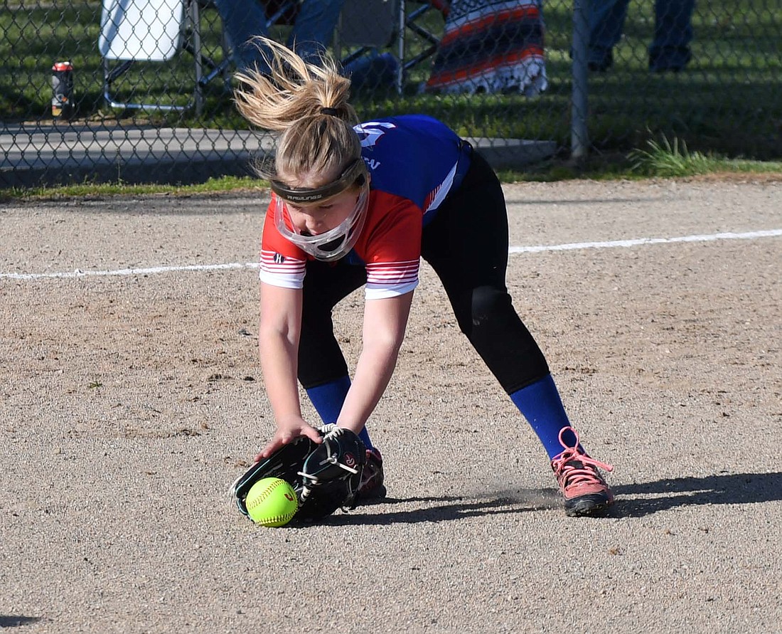 Portland Panther third baseman Mylee Noggler fields a ground ball at Portland Junior League in a game against Blackford. (The Commercial Review/Andrew Balko)