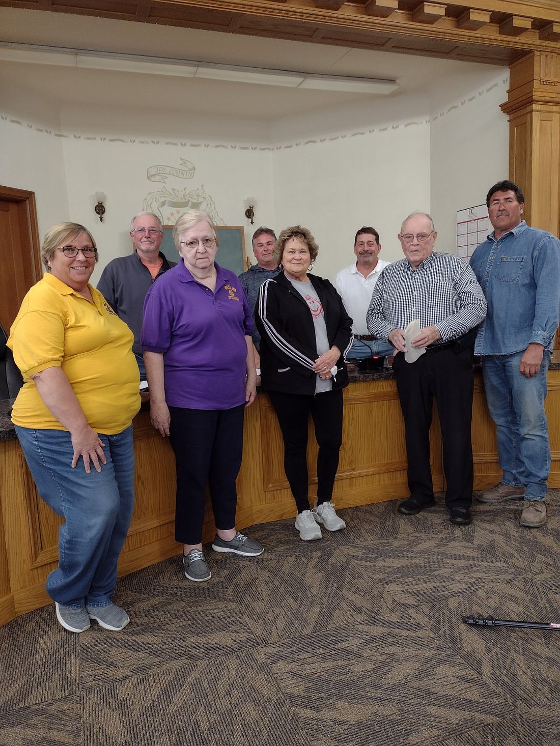 Jay County Commissioners this week signed a proclamation declaring April 29 through May 4 as Respect for Law Enforcement Week in Jay County. Pictured, front row from left, are local Optimist Club members Sandy Rogers, Kathy Jones, Linda Aker, Leland LeMaster and Rodney Miles. Back row are commissioners Rex Journay, Chad Aker and Brian McGalliard. (Photo provided)