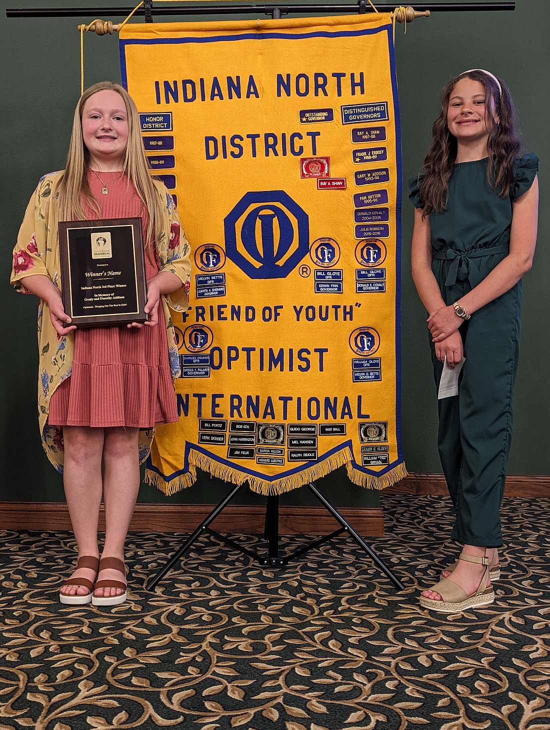 Londyn Cavanaugh, sponsored by the Portland Evening Optimist Club and pictured above at left, placed third in the Optimist International North District Oratorical Contest on April 20 at the Creative Financial Center in Kokomo. She received a $1,000 scholarship. Anna Fisher, sponsored by the Portland Breakfast Optimist Club  and pictured above at right, was a runner up and received a $200 cash award. (Photo provided)