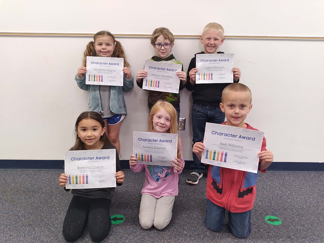 Students were recently selected from each classroom at East Elementary for exhibiting all six character counts traits — responsibility, caring, respect, trustworthiness, citizenship and fairness — all school year. 
Pictured are first graders (front row) Romina Castro, Amelia Dawson and Axel Williams and (back row) Annabelle Wiggins, Mason Hamilton and Lake Willmann. Not pictured is Jayden Herriford. (Photo provided)