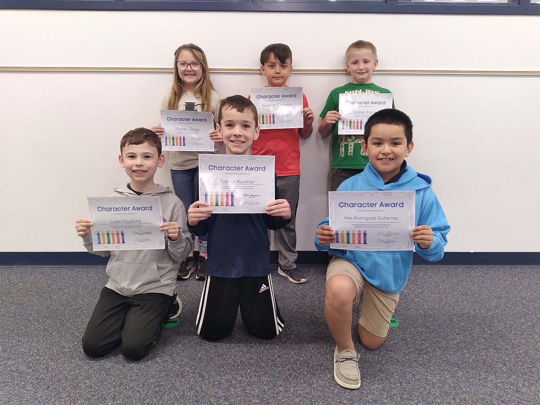 Students were recently selected from each classroom at East Elementary for exhibiting all six character counts traits — responsibility, caring, respect, trustworthiness, citizenship and fairness — all school year. 
Pictured are second graders (front row) Luke Hopkins, Tobias Kunkler and Alex Rodriguez Gutierrez and (back row) Payton Twigg, Neymar Carreno and Tanner Fisher. Not pictured is Easton Imel. (Photo provided)