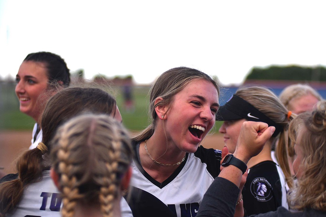 Fort Recovery High School sophomore pitcher Jenna Homan exclaims after leaving the circle a final time during the Indians’ 10-2 victory over Wayne Trace in the Division III sectional title game Friday. Homan went the distance with seven strikeouts, while adding three RBIs and three runs to power the Indians to the district tournament. Their last district appearance came in 2022 with Jenna’s sister Jackie in the circle. (The Commercial Review/Andrew Balko)