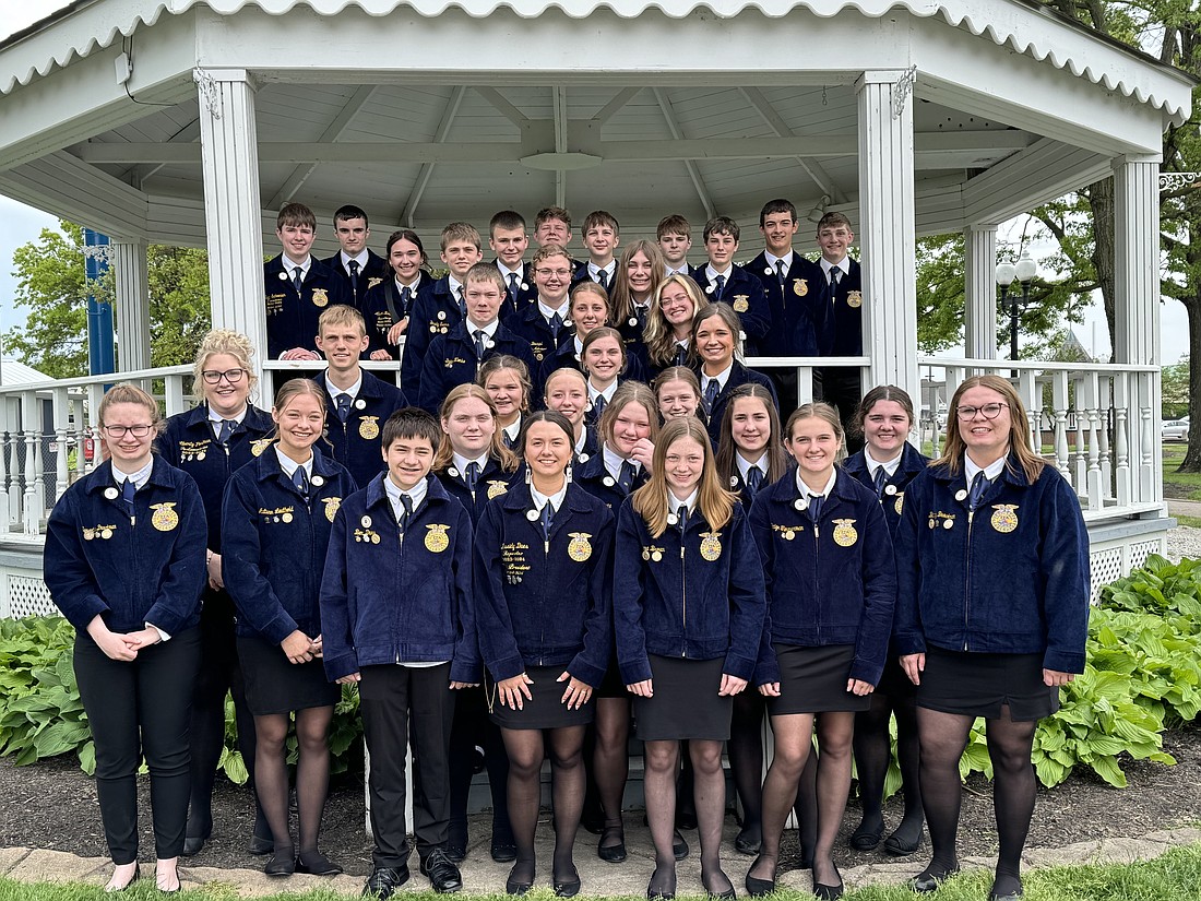 Fort Recovery FFA recently attended the state FFA convention in Columbus, Ohio. The Nature Interpretation Team — Russell Hart, Will Westgerdes, Gabe Acheson, Cody Klenke, Keegan Muhlenkamp and Carter Fortkamp — placed first in the state. Drew Backs, Kassidy Dues, Evan Evers, Allison Knapke, Matthew Romer, Zach Schoenlein, and Mara Wenning received their state FFA degrees. Fort Recovery FFA officers Mara Wenning, Zach Schoenlein, Kassidy Dues and Allison Knapke were rated gold at the convention. (Photo provided)