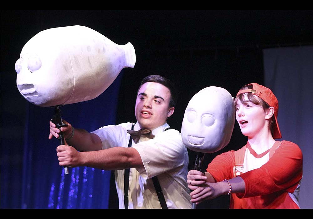 Alex Ardizzone and Ali McGraw perform together as Marlin and Nemo, respectively, during rehearsal Thursday for Jay County Civic Theatre’s production of “Finding Nemo Jr.” at Jay County Campus of Arts Place. The production opens with a  performance at 7 p.m. Thursday with additional shows at 7 p.m. Friday, June 7, Saturday, June 8, and Sunday, June 9. (The Commercial Review/Bailey Cline)