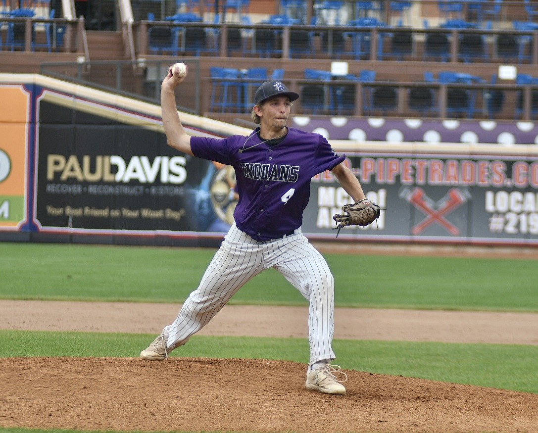 Fort Recovery High School senior Alex Dues delivers a pitch during the OHSAA Division IV state semifinal game against Hillsdale on Saturday. Dues only gave up one run while leading the Indians to the state championship game for the first time since 1953. (The Commercial Review/Andrew Balko)