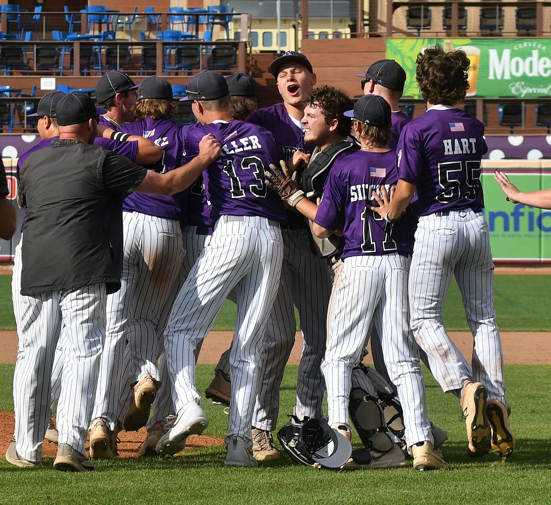 Members of the Fort Recovery High School baseball team rush the field after Sage Wendel made the final out on Saturday against Hillsdale to clinch a spot in the OHSAA Division IV state championship game. (The Commercial Review/Andrew Balko)