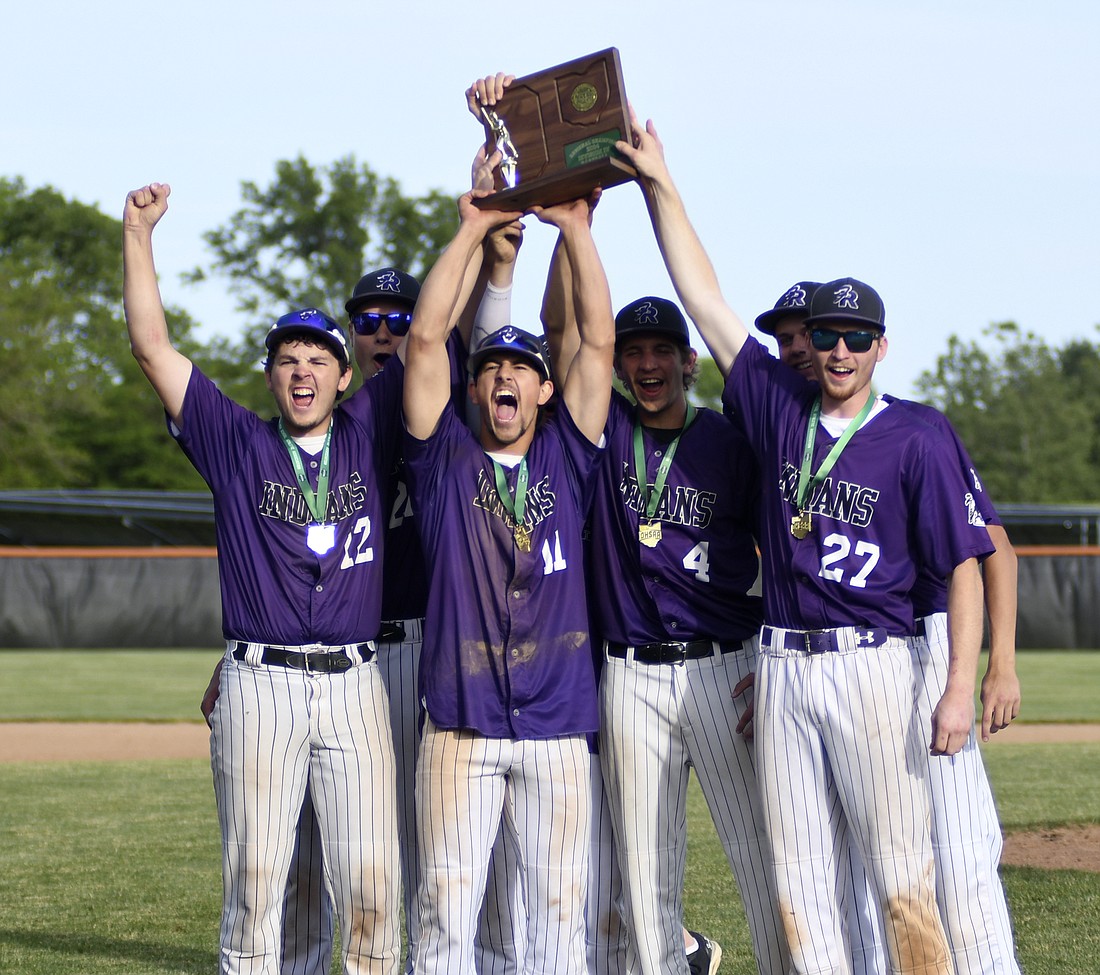 Fort Recovery High School baseball players Gavin Faller, Troy Homan and Sage Wendel all competed in the OHSAA Division IV state baseball tournament on June 8 and 9. The trio of seniors served as bat boys for the 2015 and ‘16 Indians teams that previously made it to state. Pictured, the seniors hold up the regional trophy after clinching a state berth with Homan in the center, Faller to the far right and Wendel behind the group out of sight. (The Commercial Review/Ray Cooney)