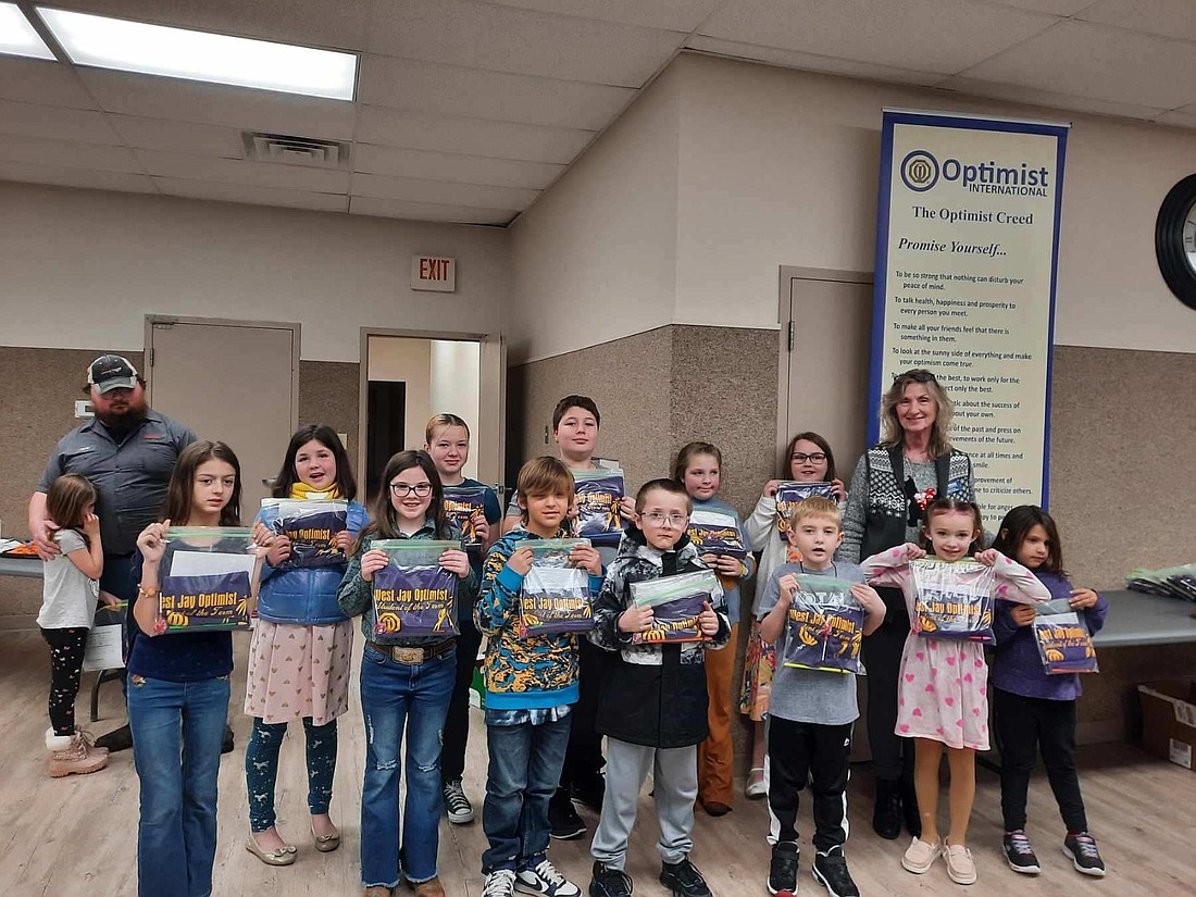 West Jay Optimist Club selected students from each classroom at West Jay Elementary and Redkey Elementary each semester as honor students for improving their classroom work or citizenship. Pictured are first semester honor students (first row) Annabell Henson, Kelsey Sisco, Ace Serf, Caunner Bullock, Wesley York, Piper Finnerty and Cora Carpenter, (second row) Brooklyn Burrough, Kaylynn Stanley, Logan Hornbaker, Emma Hammond and Leeah Taylor, and Kathy Nelson. Not pictured are Alivia Stephens, Dahlia Fields and Nathan Eicher. (Photo provided)