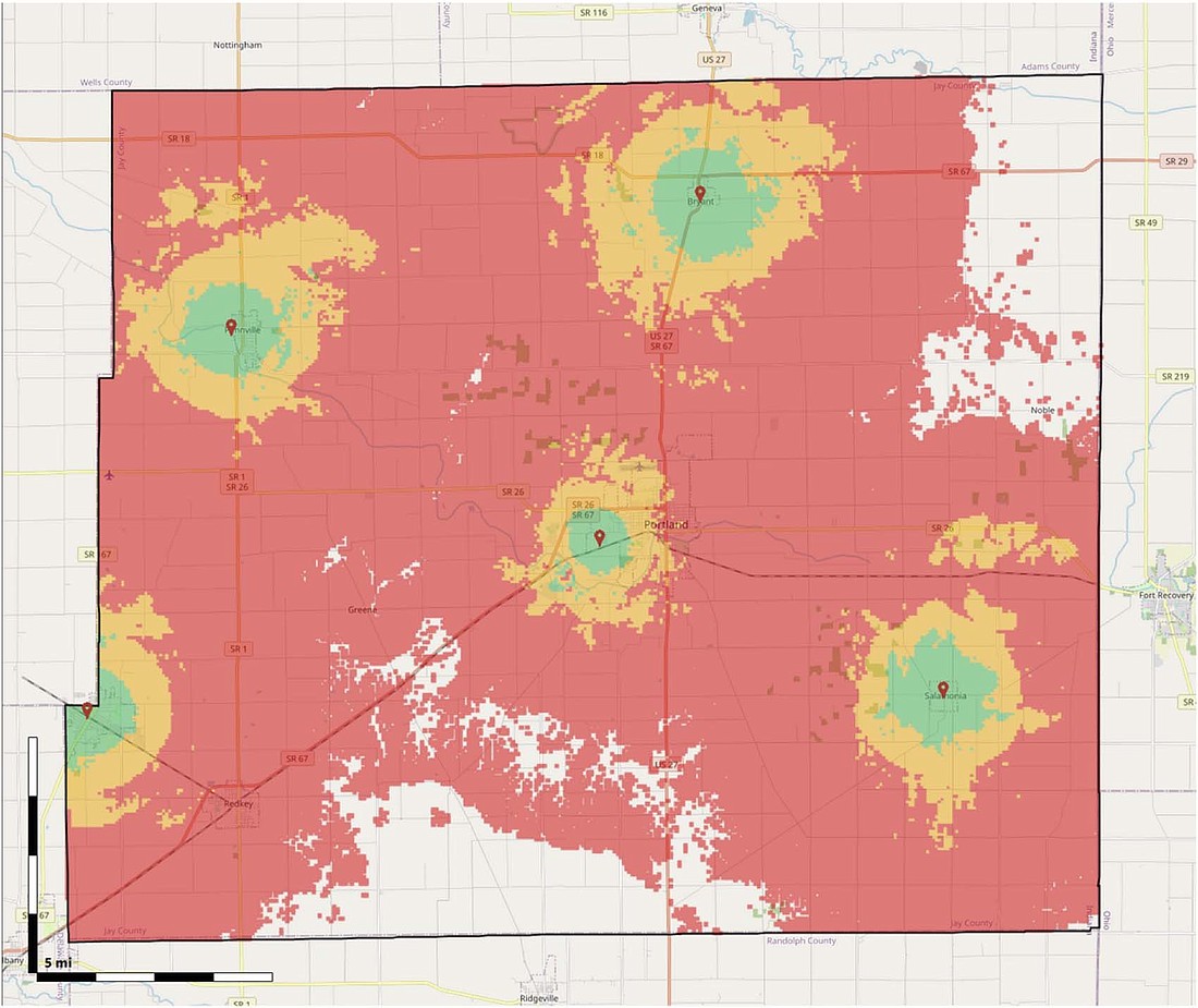 The graphic at left shared with Jay County Commissioners and Jay County Council on Tuesday shows areas of radio communications coverage for first responders in the county. Green areas indicate coverage accessible in heavy builders, with yellow showing accessibility in light buildings and red outdoors. Other areas, which cover 13.8% of the county, have no coverage. (Ritter Strategic Services)