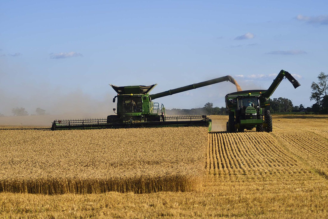 A combine and a grain cart drive side-by-side Monday evening in a field on the south side of the Blackford-Delaware county line just east of Delaware County road 600 East. (The Commercial Review/Andrew Balko)