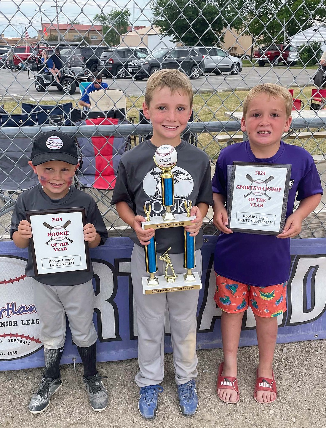 Yearly awards were announced for the Portland Junior League Rookie baseball and softball leagues after their respective league championships. Above are Rookie of the Year Duke Steed, Mr. Baseball Trey Hirschy and Sportsmanship award winner Brett Huntsman. Below are Rookie of the Year Ava Lochtefeld, Miss Softball Ava VanSkyock and Sportsmanship award winner Adalyn Overla. (Photos provided)