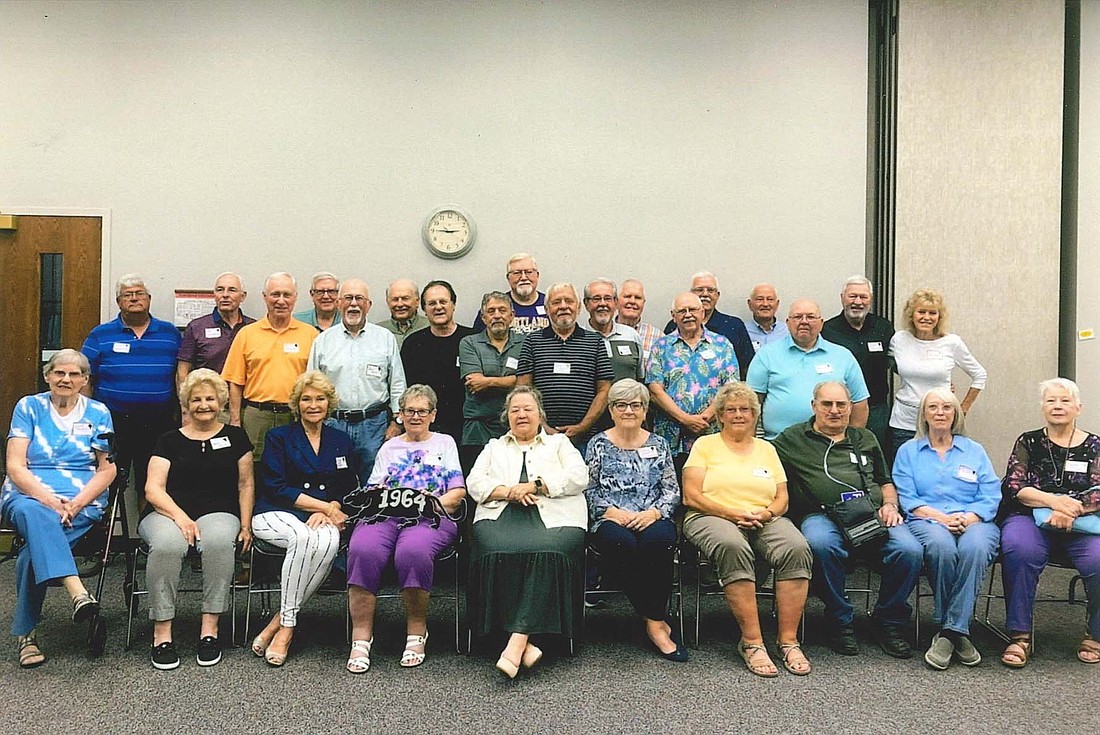 Portland High School’s Class of 1964 hosted its 60th reunion June 22. Pictured above, front row from left, are Janet Resler, Sandy Evans, Sheila Takets, Pam Hart, Carolyn Bush, Susan Sommers, Cheryl Morehouse, Larry Gibson, Jean Leonhard and Connie Willis. In the back row are Jim Brosher, Jim Schwartz, Bill Hinkle, Bruce Bye, Steve Shoup, Don Matchett, Charles Bye, Rich Holmes, Allen Haines, Ron Lingo, Dennis Huey, Steve Glasgow, Joe Jellison, Bill Schabacker, Gary Bone, Mike Smith, Dave Bennett and Diana Michael. (Photo provided)