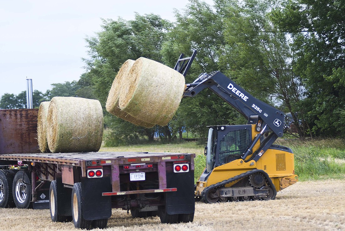 Bales are loaded onto a truck late Wednesday morning in a field at the northeast corner of the intersection of Indiana 26 and county road 200 West. Rain was in the forecast for Wednesday afternoon, with thunderstorms possible. The outlook is clear for the start of the Jay County Fair this weekend, with partly cloudy to mostly sunny skies and highs in the mid 70s Saturday and low 80s Sunday. (The Commercial Review/Ray Cooney)