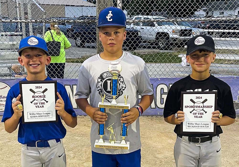 Portland Junior League Willie Mays baseball award winners this year were Koda Johnson, Rookie of the Year; Ryker Price, Mr. Baseball; and Beckham Hough, Sportsmanship Award. (Photo provided)