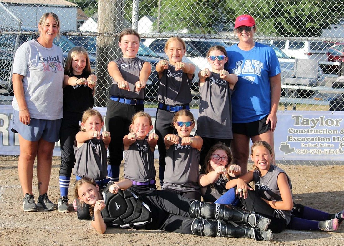 Pictured above is the Portland Junior League Minor softball regular-season and tournament winner The Rock Church. Below is Portland Junior League Minor softball league award winners. From left to right is Rookie of the Year winner Emme Theurer, Miss Softball winner Eliana Wiggins and Sportsmanship award winner Devynn Thobe. (Photos provided)