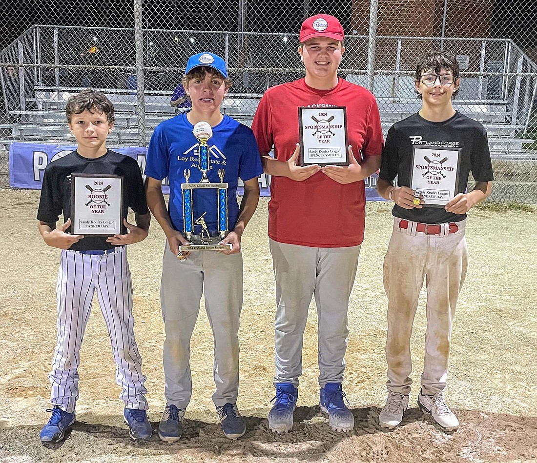 Individual awards for the Portland Junior League Sandy Koufax baseball division were announced following the league championship. Pictured from left are Rookie of the Year Tanner Day, Mr. Baseball Sam Wiggins and Co-Sportsmanship award winners Spencer Smitley and Andrew Day. Not pictured is Sportsmanship award winner Alex Miller. (Photo provided)