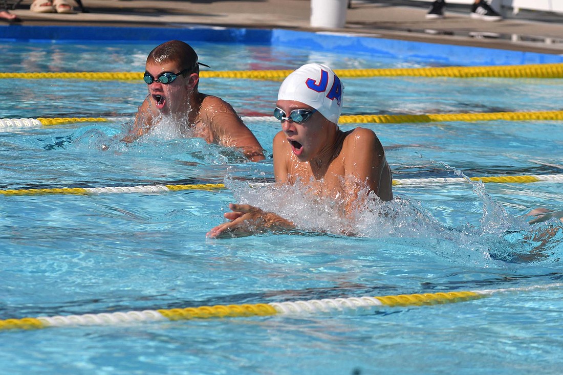 The Jay County Summer Swim team took second place in the Wabash Valley Conference Championships on Saturday at Berne Public Pool. Pictured, Carson Westgerdes swims the breaststroke leg of Jay County’s boys 13-14-year-old 200-meter medley relay team that took first place. (The Commercial Review/Andrew Balko)