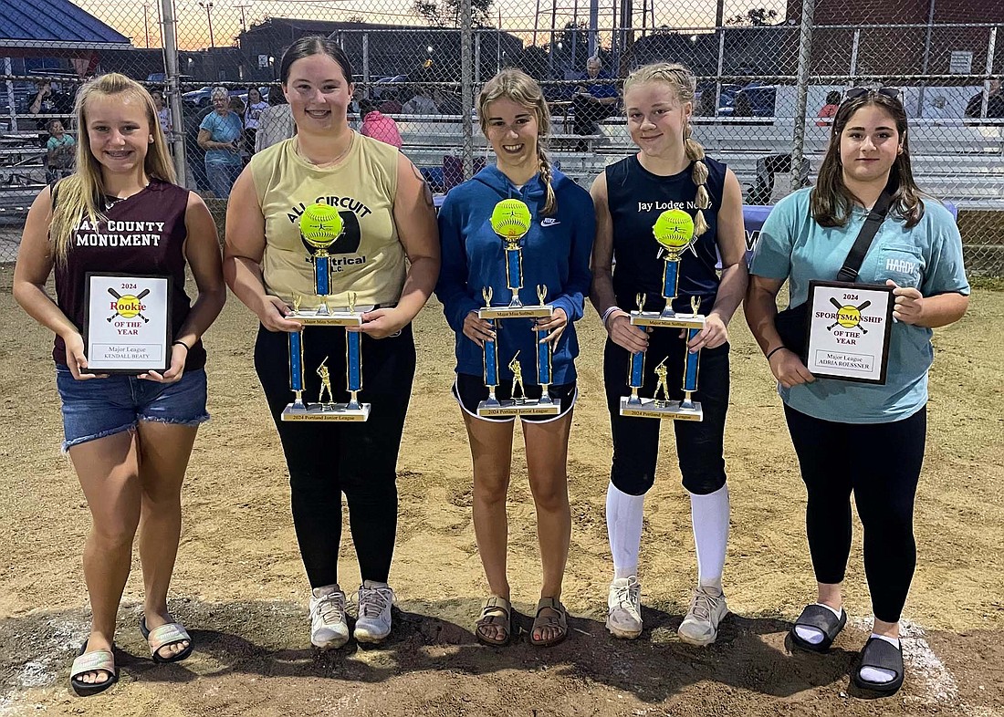 Above are the yearly awards winners for the Portland Junior League Major softball division. From left are Rookie of the Year Kendall Beaty, Co-Miss Softball Erin Aker, Co-Miss Softball Emily Young, Co-Miss Softball Jadalyn Plessinger and Sportsmanship award winner Adria Roessner. Below is regular season and tournament champions All Circuit. (Photos provided)