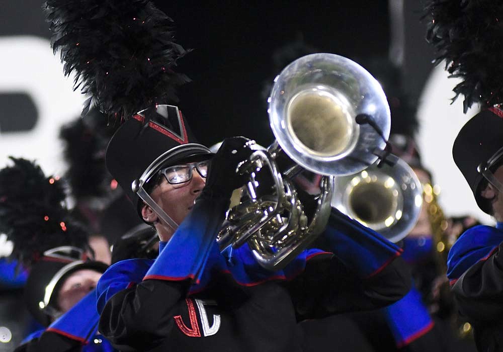 Joseph Boggs performs for the Jay County High School Marching Patriots during Saturday's Drums at Winchester band contest. JCHS finished fifth in the field of 23 bands with 77.45 points. It railed Kokomo (83.25), Anderson, Richmond and Montgomery County. (The Commercial Review/Ray Cooney)