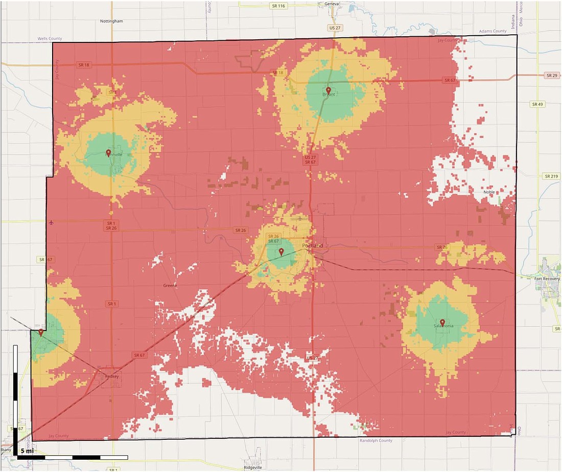 The graphic above shared with Jay County Commissioners and Jay County Council in June shows areas of radio communications coverage for first responders in the county. Green areas indicate coverage accessible in heavy buildings, with yellow showing accessibility in light buildings and red outdoors. Other areas, which cover 13.8% of the county, have no coverage. (Ritter Strategic Services)