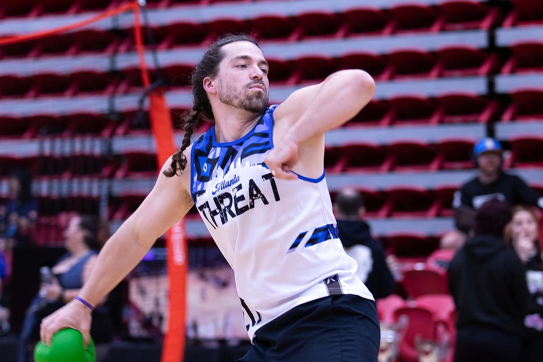 Perry Hull cocks his arm back to fire a dodgeball for the Atlanta Threat dodgeball club that he started after moving. Hull, who is originally from Fort Recovery, will compete in the USA Dodgeball All-Star Showcase during ESPN’s The Ocho on Friday at 4 p.m. (Photo provided)