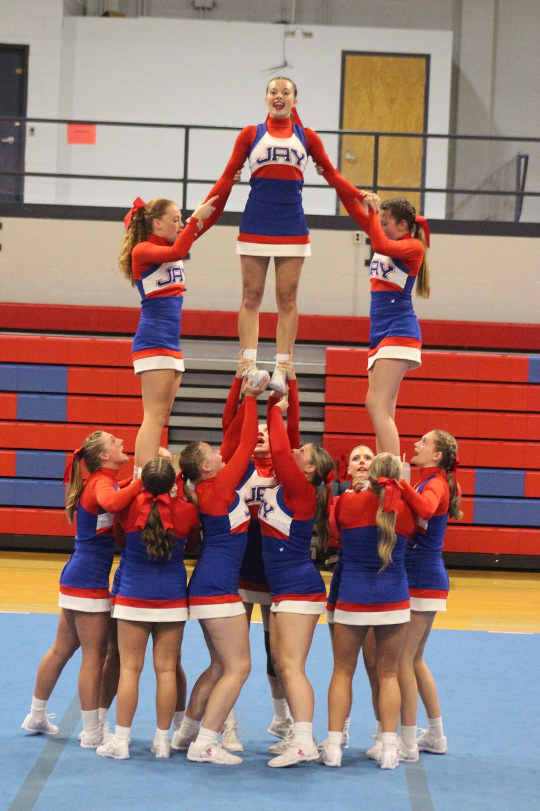 Jay County High School cheerleaders, pictured above, and Jay County junior high cheerleaders performed their state fair preview shows Friday evening at East Jay Elementary School. Both Jay County squads compete today at Indiana State Fair’s cheerleading competition, with junior high  set to go on at 9:30 a.m. and the high school at 11:10 a.m. at Hoosier Lottery grandstand. (The Commercial Review/Bailey Cline)