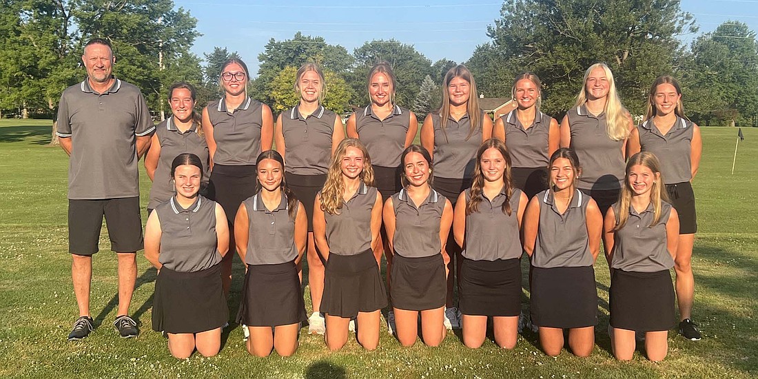 Pictured is the 2024 Fort Recovery High School girls golf team team. Pictured front row from left are Cora Pearson, Layla Armstrong, Georgia Wenning, Rylee Bupb, Macy Kaffenberger, Kyra Brunswick and Emily Boeckman. Back row are Coach Jeff Vaughn, Brooklyn Wycuff, Mallory Evers, Eva Kahlig, Olivia Knapke, Liza Knapke, Evvian Briner, Ella Schoen and Emma Will. (The Commercial Review/Andrew Balko)