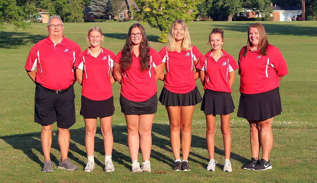 Pictured is the 2024 Jay County High School girls golf team team. From left are assistant coach Marvin Buckner, Brooklynn Bright, Erin Aker, Maddy Snow, Bailey Towell and coach Carissa Allred. Not pictured is Jenna Bricker. (The Commercial Review/Andrew Balko)