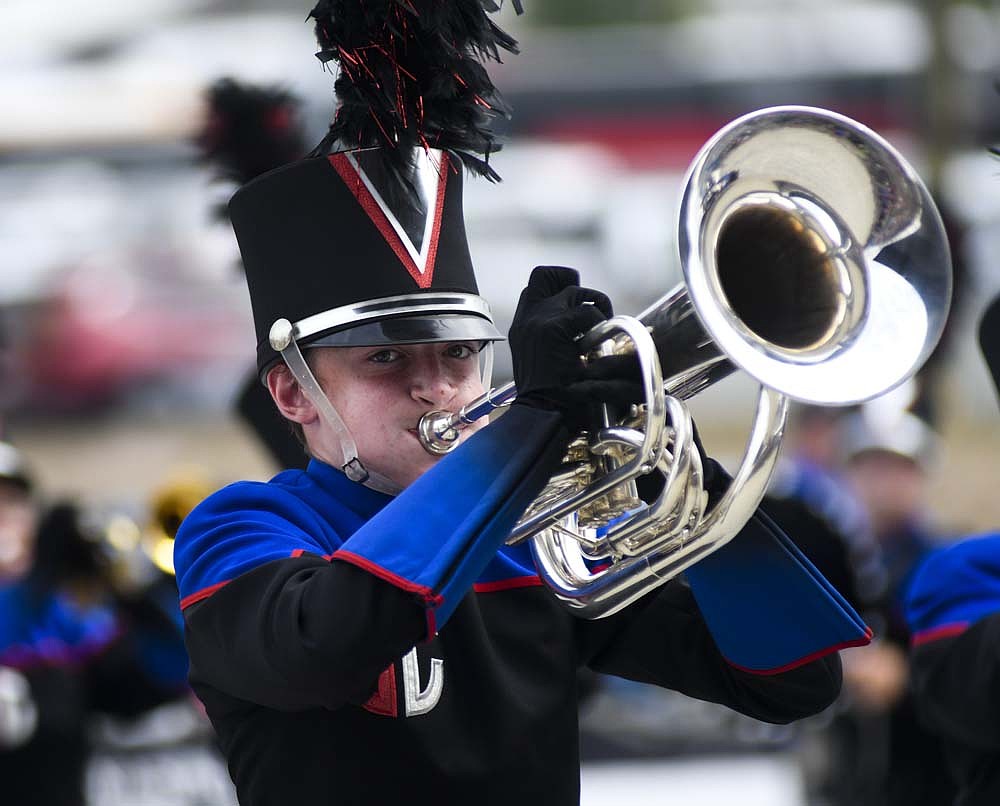 Lane Stephens of the Jay County High School Marching Patriots plays the baritone Friday during Indiana State Fair Band Day. JCHS placed fifth behind Muncie Central, Anderson, Kokomo and Richmond. (The Commercial Review/Ray Cooney)