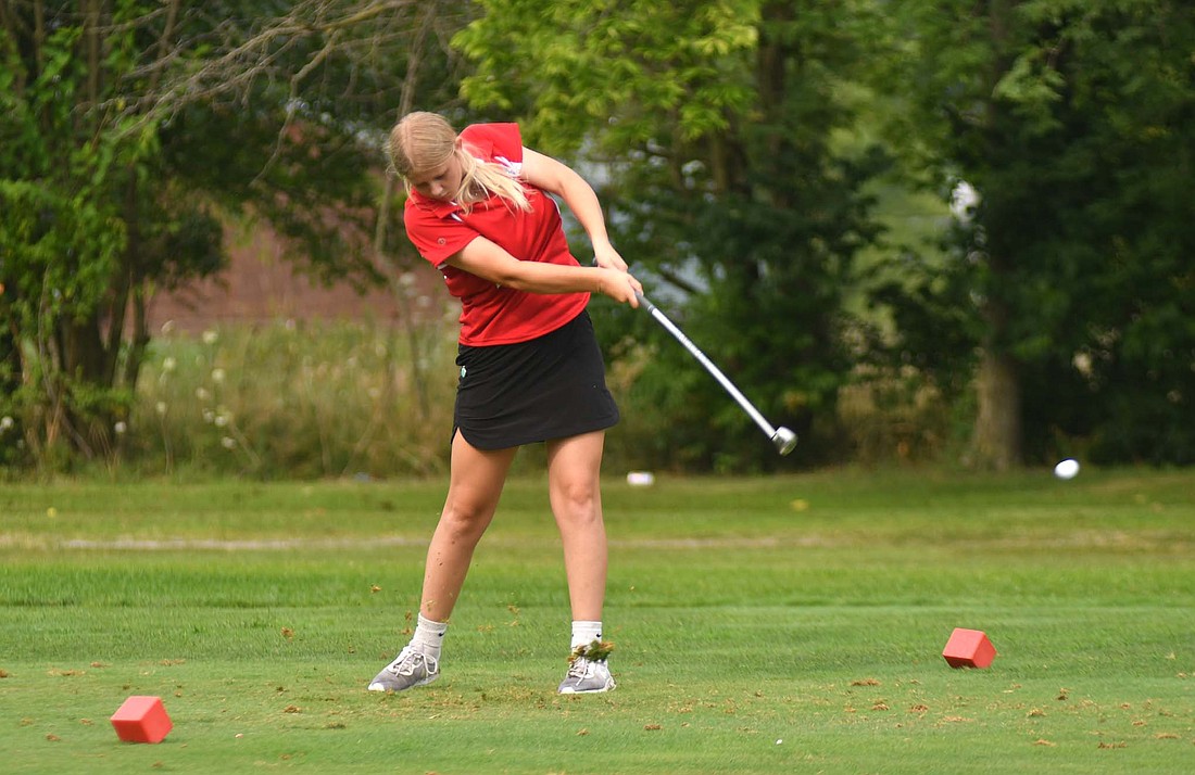 Jay County High School sophomore Brooklynn Bright tees off on the third hole Monday morning at Wabash Valley Golf Club during the South Adams Invite. For a full story on how the Patriots did in the season opener, see Wednesday’s edition of The Commercial Review. (The Commercial Review/Andrew Balko)