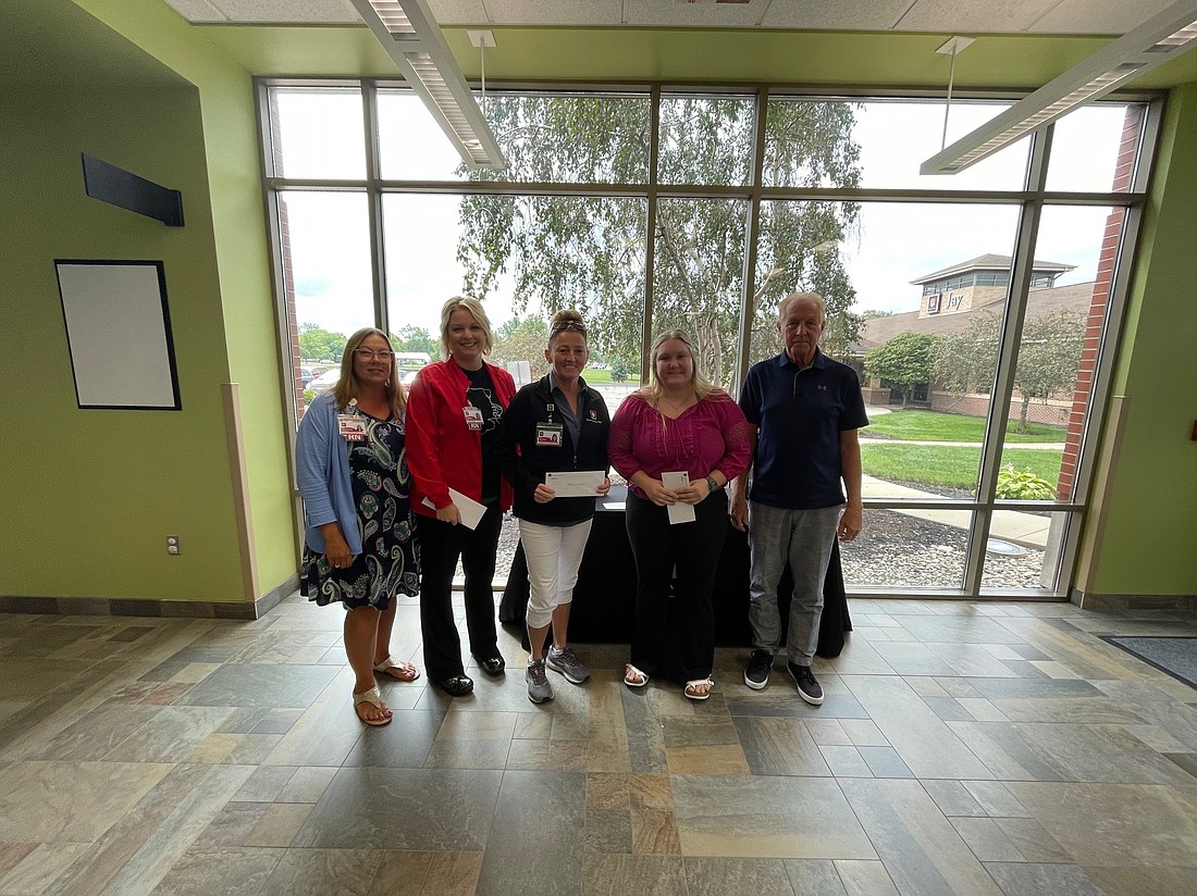 IU Health Jay and The Portland Foundation recently awarded the Judith Sipe/Doctor Eugene Gillum Memorial  Scholarship. Pictured above are IU Health Jay chief operating officer and chief nursing officer Christina Schemenaur, scholarship recipients Jacqueline Bird, Monica Greyson and Tricia Ison, and Sipe family representative Ron Laux. The scholarship was established to honor and memorialize Sipe and Gillum’s service to the hospital, and it assists IU Health Jay team members who have a desire to further their education in health care or other professional field. (Photo provided)