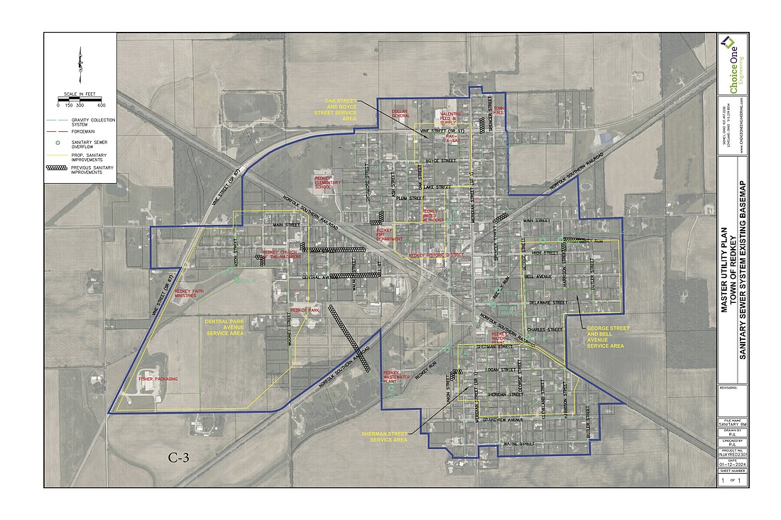 Redkey Town Council heard from Choice One Engineering about the town’s master utility plan Monday. Pictured in the graphic above, the firm proposed a nearly $8.4 million project for replacing four wastewater service areas in Redkey. It includes replacing systems along Oak Street and Boyce Street, George Street and Bell Avenue, Central Park Avenue and Sherman Street. (Choice One Engineering)