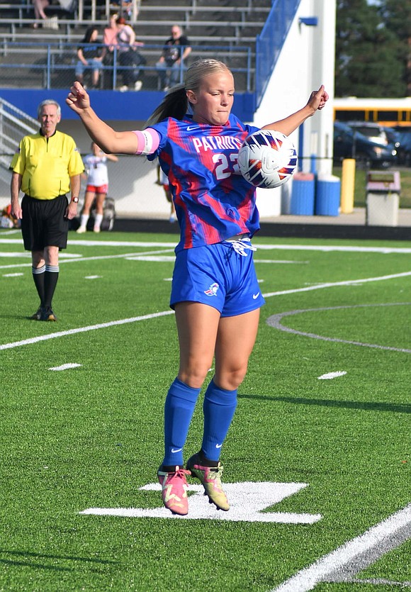 Jay County High School’s Jayla Huelskamp controls a ball with her body during the Patriots 4-1 win over Heritage on Thursday. Huelskamp got the Patriots with a game-tying goal. (The Commercial Review/Andrew Balko)