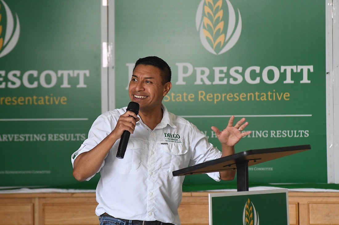 Indiana Secretary of State Diego Morales speaks Saturday during a Republican event at Prescott Farms in rural Randolph County. Among several topics, Morales spoke about the importance of voting and invited Indiana residents to visit indianavoters.com. (The Commercial Review/Ray Cooney)