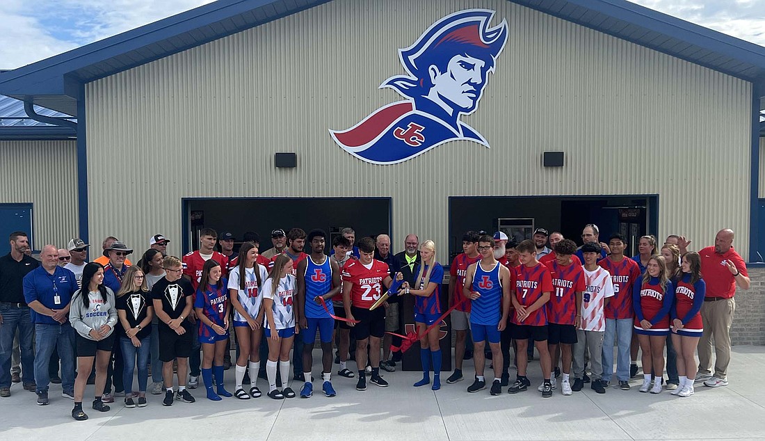 Jay County Junior-Senior High School held a ribbon cutting ceremony for the official opening of the new Patriot Sportsplex on Wednesday morning. Boys and girls soccer previously made their season debuts on the turf Aug. 20 and 22 and the football team will open Friday against New Castle. (The Commercial Review/Andrew Balko)