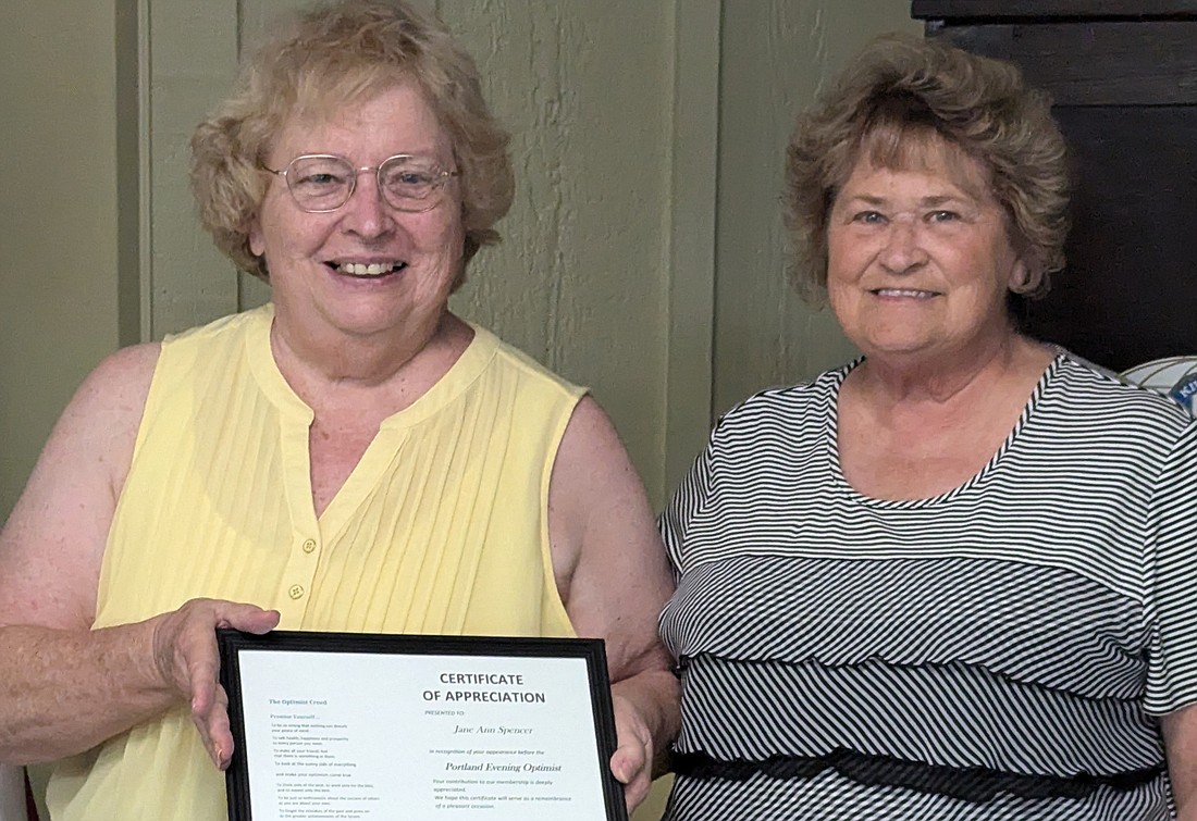 The Portland Evening Optimist Club recently contributed $350.00 to the Jay County Historical Society. Pictured, from left, are Jane Spencer of Jay County Historical Society and Linda Aker, president of Portland Evening Optimist Club. (Photo provided)