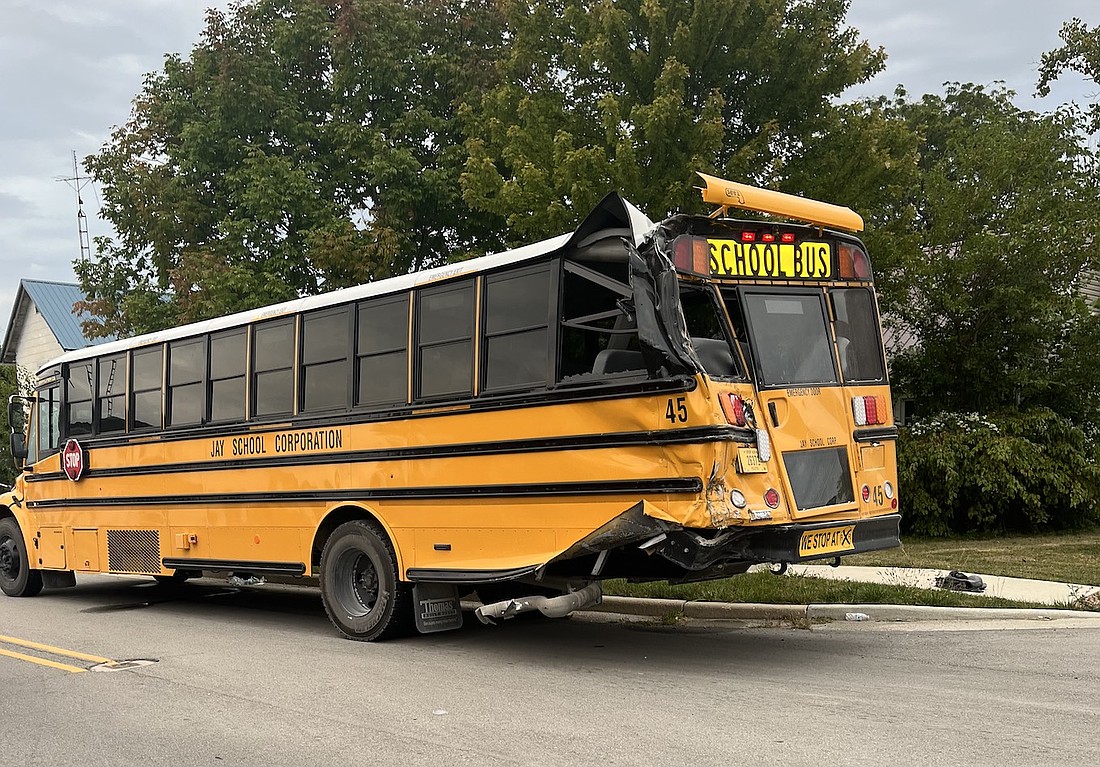 A Jay School Corporation bus was struck Friday morning on Indiana 1 in Redkey. Five students were injured in the collision, with one transported by ambulance to IU Health Ball Memorial Hospital in Muncie. (Jay School Corporation)