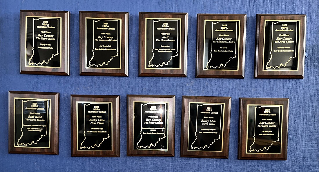 The Graphic Printing Company earned 36 awards, including 10 first-place honors (pictured) on Friday at the Hoosier State Press Association Foundation Journalism Conference and Awards Luncheon at Crowne Plaza Indianapolis Airport. Fourteen of those awards were for The Commercial Review.