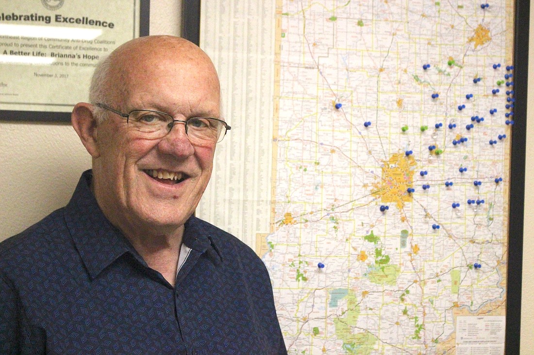 Randy Davis, a longtime pastor, veteran and founder of recovery nonprofit organization A Better Life – Brianna’s Hope, has earned the Golden Hoosier award. He’ll visit Indiana Statehouse next week to be recognized for his service to the community. Pictured above, Davis stands in front of a map pinpointing locations of Brianna’s Hope support groups throughout Indiana. (The Commercial Review/Bailey Cline)