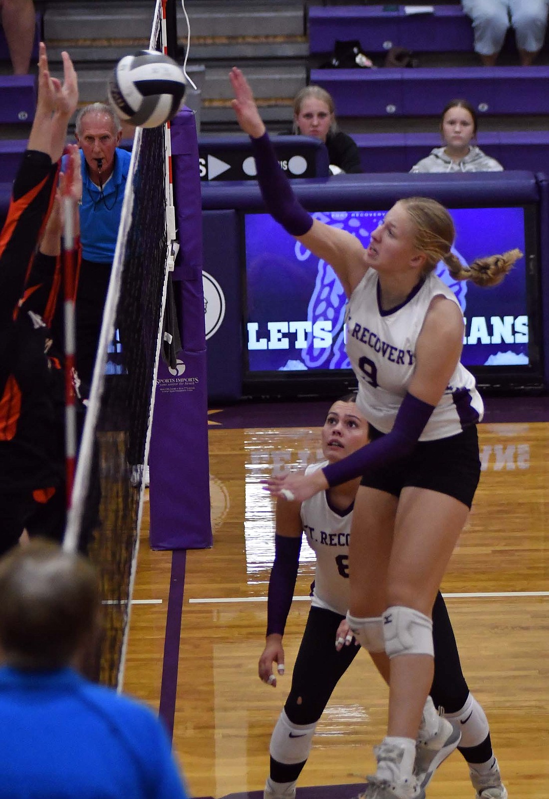 Fort Recovery High School’s Brynn Willmann swings during the FRHS win over Minster on Tuesday. Willmann had four aces and three kills in the team’s first MAC victory of the season. (The Commercial Review/Andrew Balko)