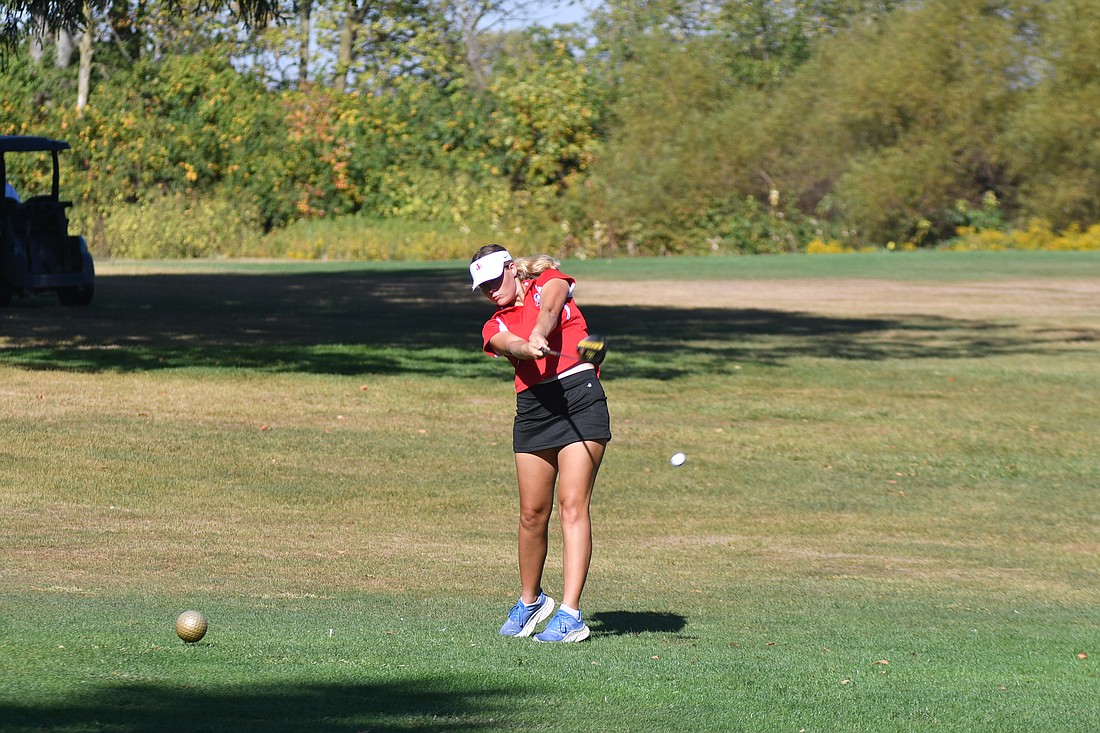 Jay County High School senior Maddy Snow drives on the fifth hole at Crestview Golf Club on Saturday during the sectional match. Snow birdied the hole to catch a spark en route to a round of 87 that qualified her as an individual for the regional meet. (The Commercial Review/Andrew Balko)