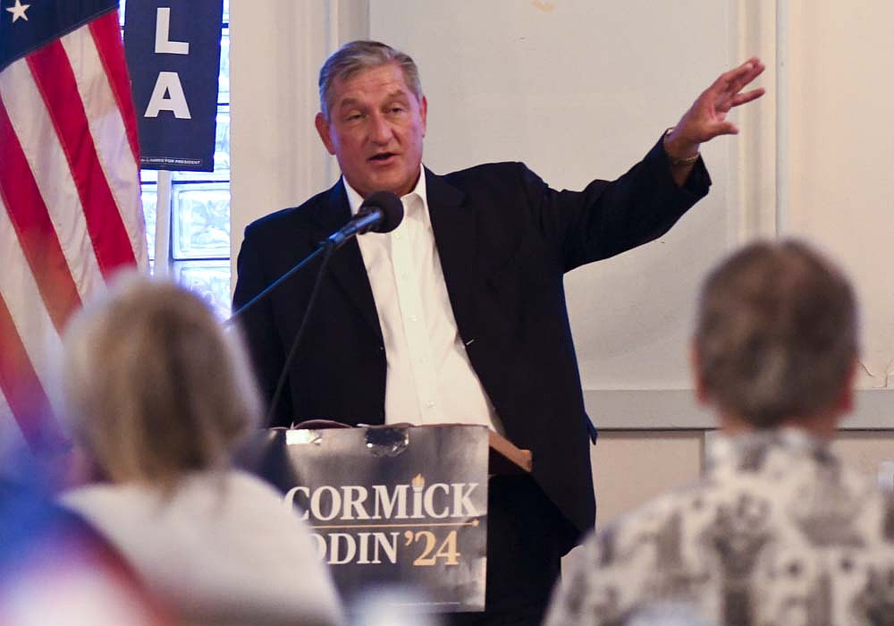 Candidate for Indiana lieutenant governor Terry Goodin, a Democrat, gestures while speaking Saturday evening during the Woodrow Wilson-Fred Davis Dinner hosted by the Randolph County Democratic Central Committee at the Union City Elks Lodge. The event also featured other Democrat candidates for office including Randolph County Council, state representative and the U.S. Congress. (The Commercial Review/Ray Cooney)