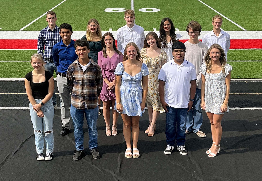 Jay County High School will crown its homecoming king and queen during halftime of Friday night’s football game against the Woodlan Warriors. Pictured above, front row from left, are king and queen candidates Emma LeMaster, Ashton Castillo, Morgan DeHoff, Alan Navarro and Grace Yowell. Middle row are Dylan Marentes, Coryn Blalock, Jasmine Esparza and Jase Walter. Back row are Duston Muhlenkamp, Maddy Snow, Ben Crouch, Natalie Carreno and Austin Curtis. Homecoming festivities Friday begin with a parade at 5 p.m. in downtown Portland. The game will start at 7:30 p.m. (The Commercial Review/Ray Cooney)