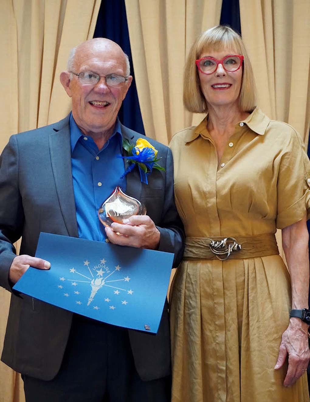 Randy Davis of Redkey was among those honored Tuesday with the Golden Hoosier Award during an event at the Indiana Statehouse. Davis was honored for his lifetime of service, including as a pastor, providing McDonald’s gift cards to veterans and faith-based addiction support group founding A Better Life – Brianna’s Hope. (Photo provided)