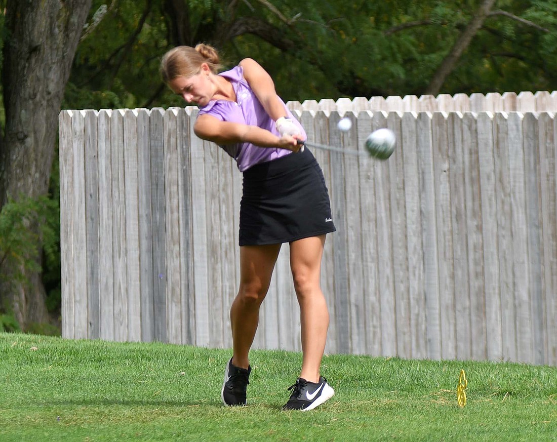 Fort Recovery High School senior Emma Will tees off on the first hole at Stillwater Valley Golf Club during the sectional meet on Wednesday. Will provided the second score for the Indians as they fell to ninth, ending their season. (The Commercial Review/Andrew Balko)