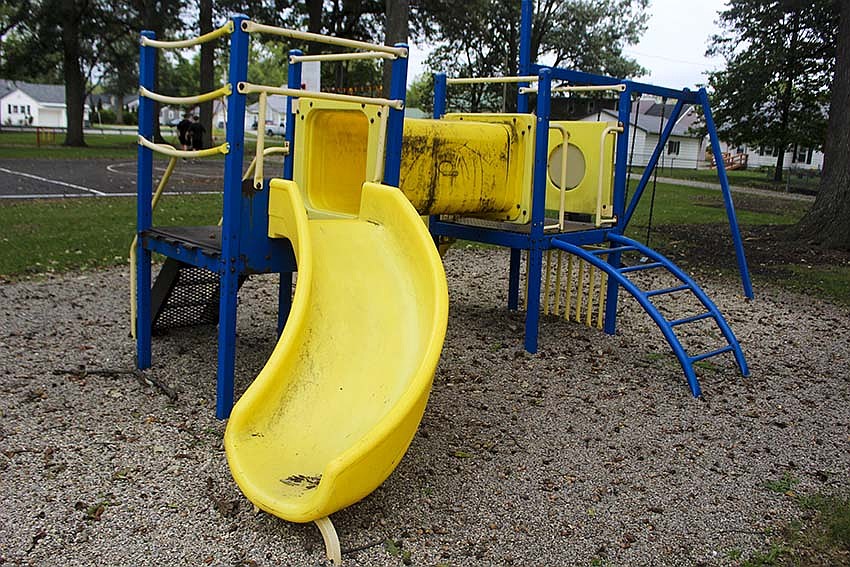 Portland Park Board agreed Tuesday to encumber $30,000 in order to purchase new playground equipment for Haynes Park next year. Plans are to remove the old yellow and blue equipment pictured above near the center pavilion and install a new playground near the southeast corner of the park. (The Commercial Review/Bailey Cline)